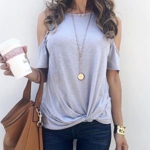 Grey twisted front cold shoulder top!